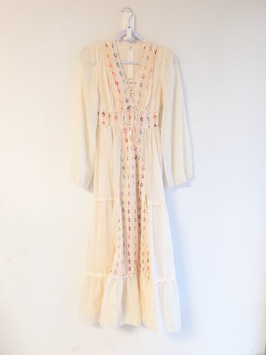 Vintage Dresses & Skirts - 1970s Vintage Maxi Dress with lace rainbow floral details